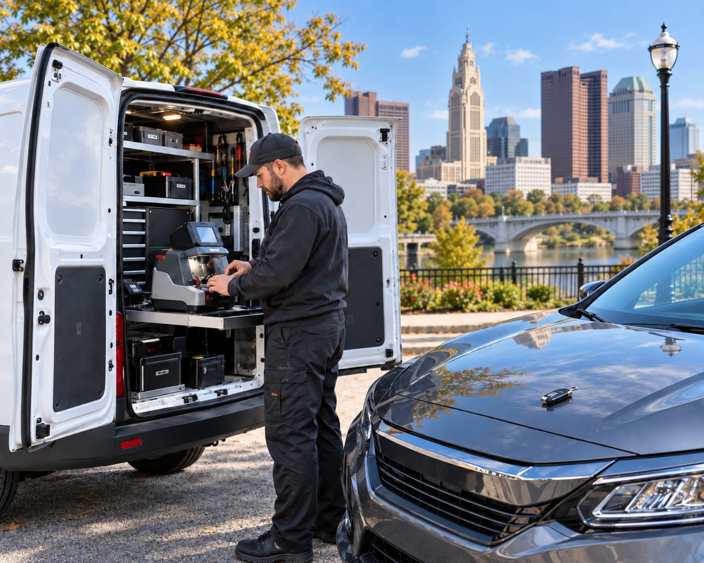 Locksmith cutting a car key at a vehicle in Columbus, Ohio